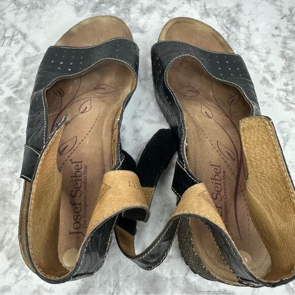 JOSEF SEIBEL Women’s Sz 41 Wedge Velcro Black Leather Sandals - Picture 6 of 13